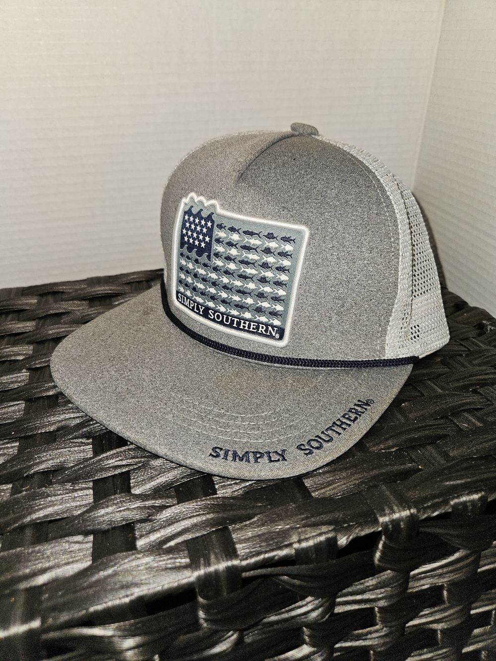 Simply Southern Gray and White Trucker Hat with Blue Patch